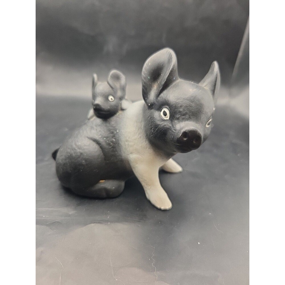 Ceramic Pig Sow and Piglet On Back  Black & Brown Country Farmhouse Decor